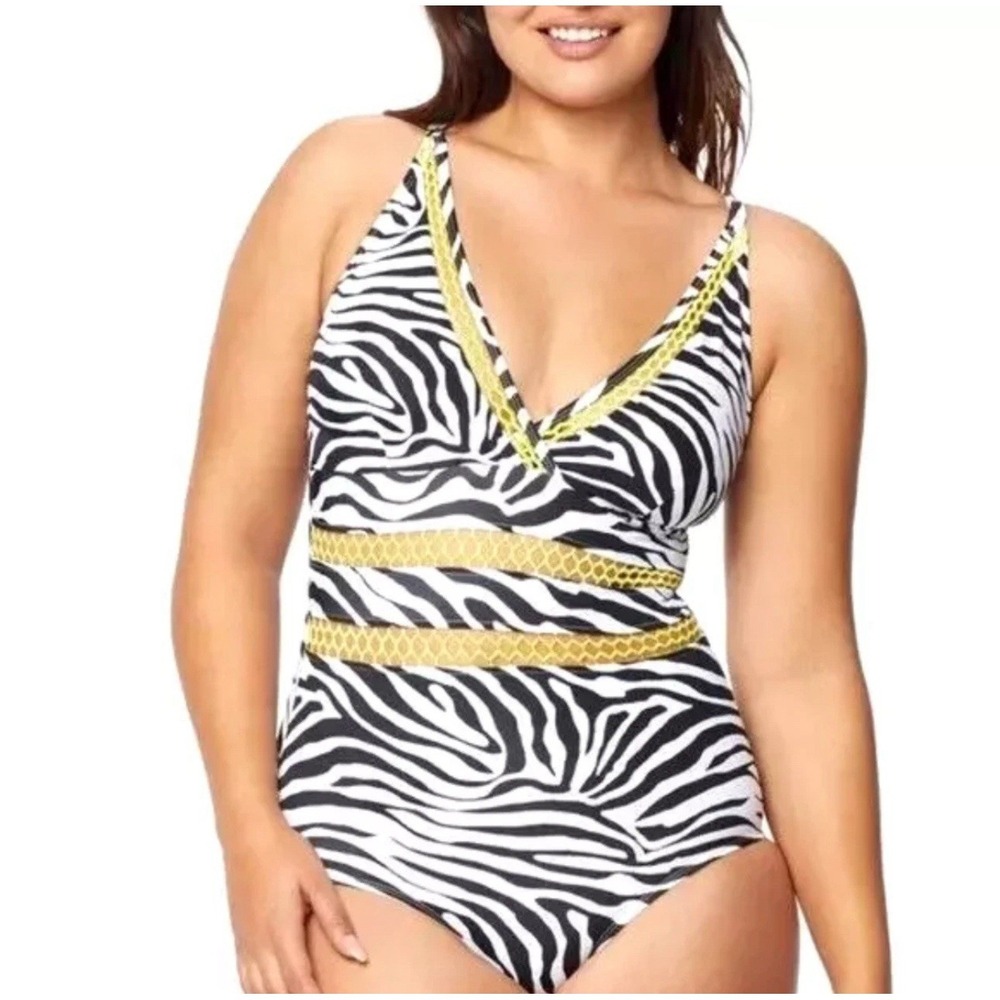 NEW Orig$139 Ruby Ribbon Zebra St Tropez 1 Piece Swim Bathing Suit 14 NWT